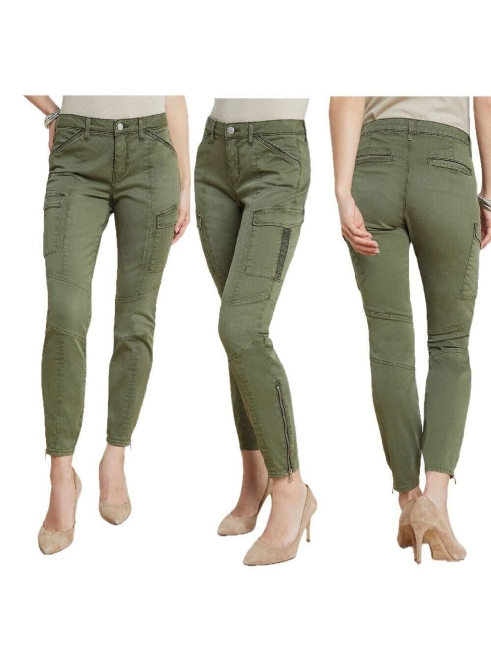 L'Agence Montgomery Brigade Olive green Skinny Cargo Pants zipp ankles 28
